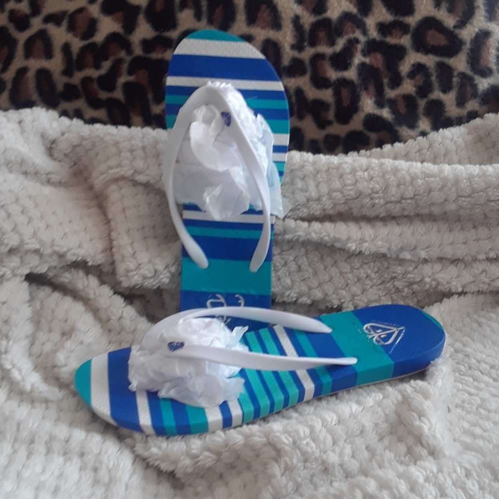 ROXY Flip Flops, 8, Blue/White, Thong Sandals